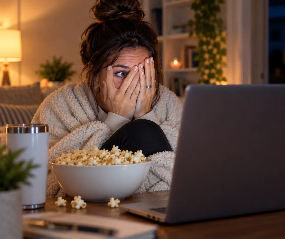A seller under a blanket peeking at her laptop through her fingers